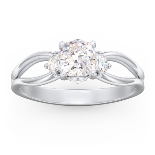 3 Stone Diamond Engagement Ring with Split Shank and Peek-A-Boo Accents – 14K White Gold with Diamond