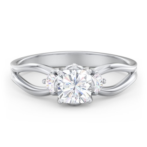 3 Stone Diamond Engagement Ring with Split Shank and Peek-A-Boo Accents – 14K White Gold with Diamond