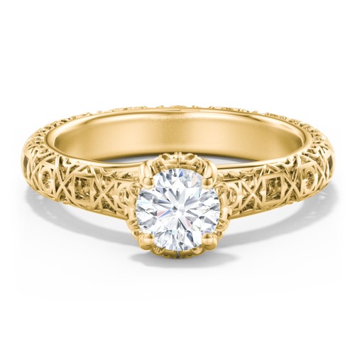 Diamond Solitaire Ring with Pierced Hollow Band – 10K Yellow Gold