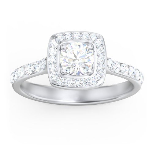 Diamond Solitaire Engagement Ring with Cushion Halo and Accents – 14K White Gold with Diamond