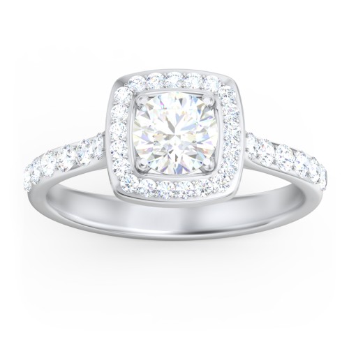 Diamond Solitaire Engagement Ring with Cushion Halo and Accents – 14K White Gold with Diamond