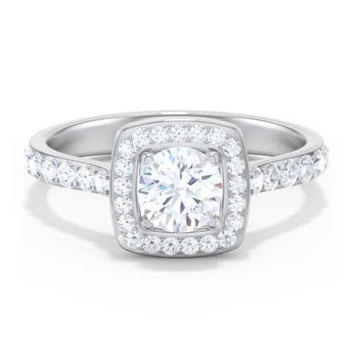 Diamond Solitaire Engagement Ring with Cushion Halo and Accents – 14K White Gold with Diamond