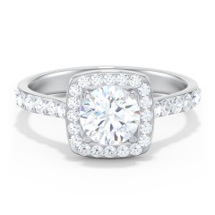 Diamond Solitaire Engagement Ring with Cushion Halo and Accents – 14K White Gold with Diamond