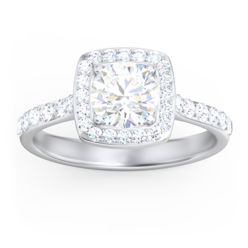 Diamond Solitaire Engagement Ring with Cushion Halo and Accents – 14K White Gold with Diamond