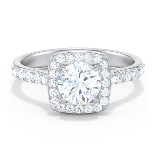 Diamond Solitaire Engagement Ring with Cushion Halo and Accents – 14K White Gold with Diamond