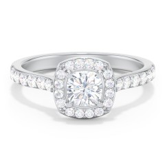 Diamond Solitaire Engagement Ring with Cushion Halo and Accents – 14K White Gold with Diamond