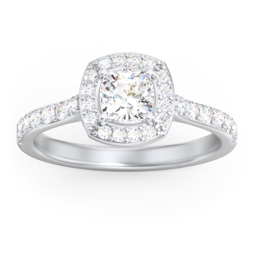 Diamond Solitaire Engagement Ring with Cushion Halo and Accents – 14K White Gold with Diamond