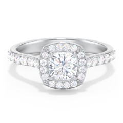 Diamond Solitaire Engagement Ring with Cushion Halo and Accents – 14K White Gold with Diamond