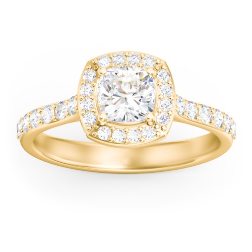 Diamond Solitaire Engagement Ring with Cushion Halo and Accents – 10K Yellow Gold with Diamond