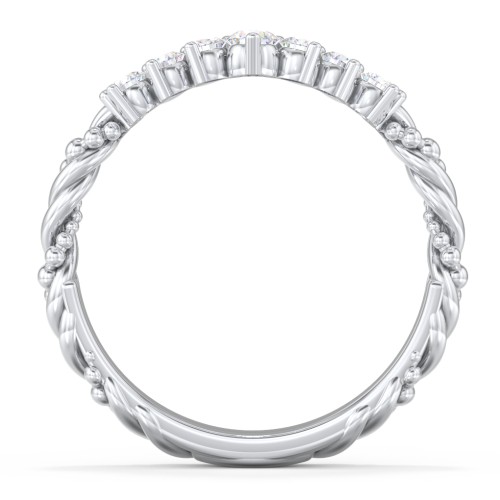 Vintage Beaded Twisted Rope Curved Band with Diamonds – 14K White Gold with Lab Diamond