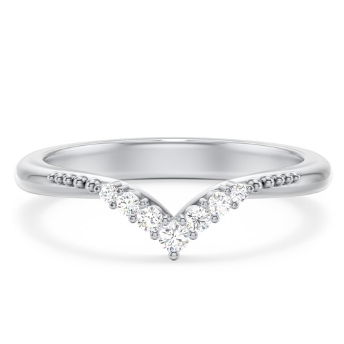 Vintage Beaded V-Shaped Band With Graduated Diamonds – 14K White Gold with Lab Diamond