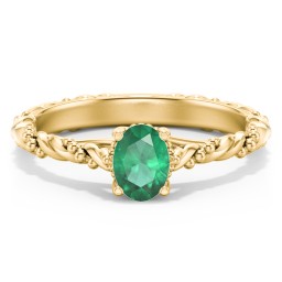 Vintage Solitaire Engagement Ring with Beaded Twisted Rope Band in 10K Solid Yellow Gold with 05EMER-OV-0.50 and Lab Diamond