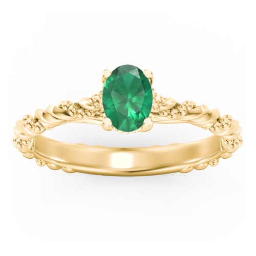 Vintage Solitaire Engagement Ring with Beaded Twisted Rope Band – 10K Yellow Gold with 05EMER-OV-0.50
