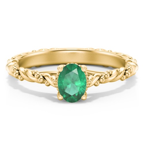 Vintage Solitaire Engagement Ring with Beaded Twisted Rope Band – 10K Yellow Gold with 05EMER-OV-0.50