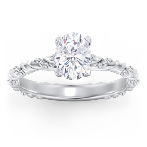 Vintage Solitaire Engagement Ring with Beaded Twisted Rope Band – 14K White Gold