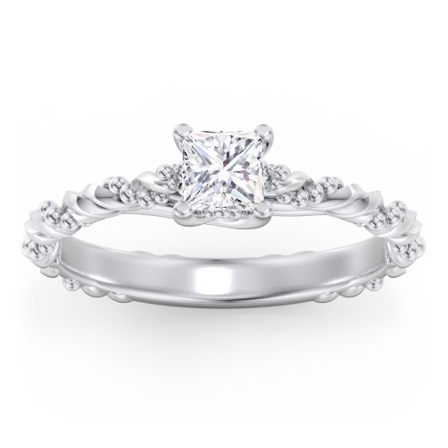 Vintage Solitaire Engagement Ring with Beaded Twisted Rope Band – 14K White Gold