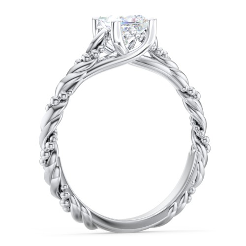 Vintage Solitaire Engagement Ring with Beaded Twisted Rope Band – 14K White Gold