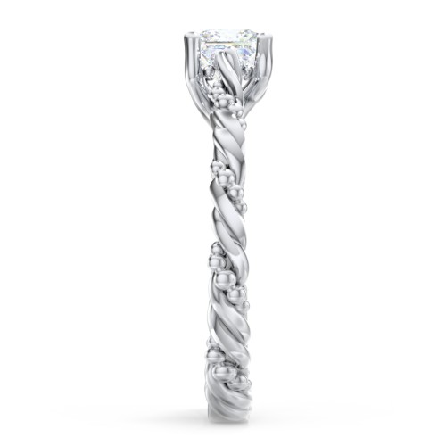 Vintage Solitaire Engagement Ring with Beaded Twisted Rope Band – 14K White Gold