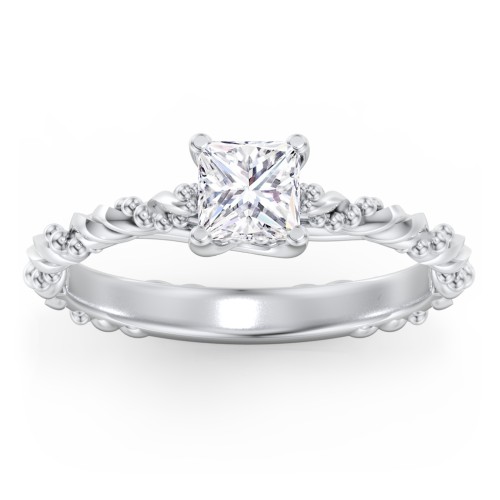 Vintage Solitaire Engagement Ring with Beaded Twisted Rope Band – 14K White Gold