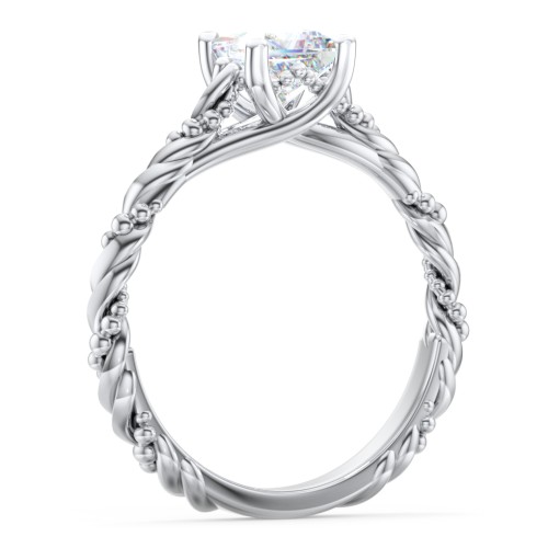 Vintage Solitaire Engagement Ring with Beaded Twisted Rope Band – 14K White Gold