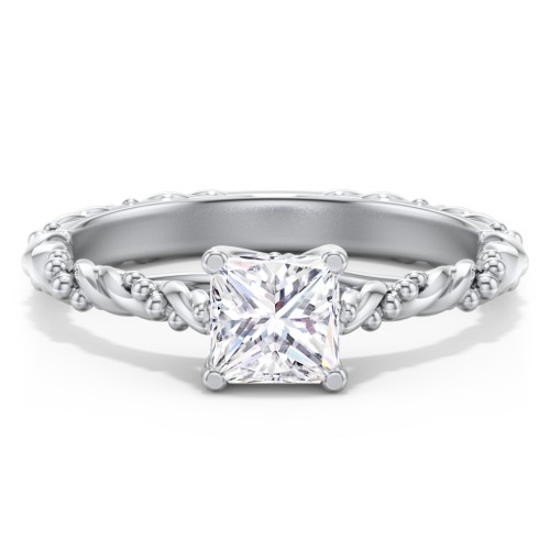 Vintage Solitaire Engagement Ring with Beaded Twisted Rope Band – 14K White Gold