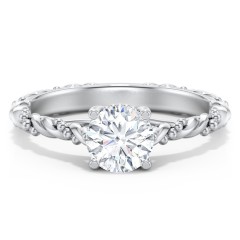 Vintage Solitaire Engagement Ring with Beaded Twisted Rope Band – 14K White Gold
