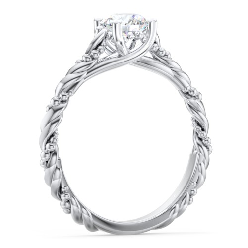 Vintage Solitaire Engagement Ring with Beaded Twisted Rope Band – 14K White Gold