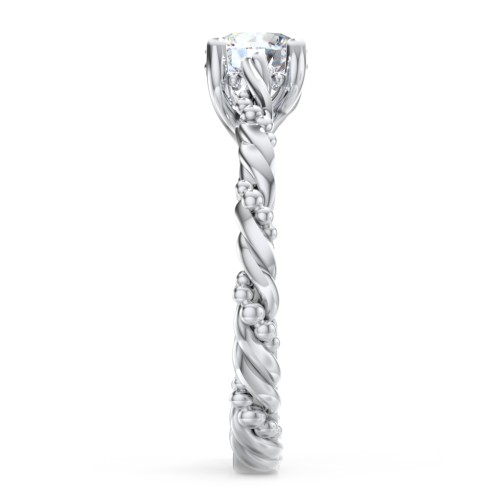 Vintage Solitaire Engagement Ring with Beaded Twisted Rope Band – 14K White Gold