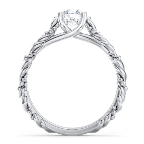 Vintage Solitaire Engagement Ring with Beaded Twisted Rope Band – 14K White Gold