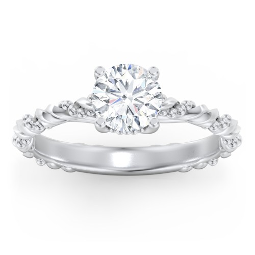Vintage Solitaire Engagement Ring with Beaded Twisted Rope Band – 14K White Gold