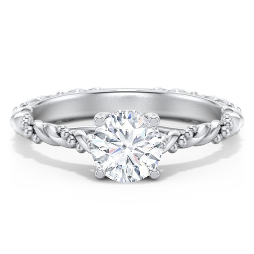 Vintage Solitaire Engagement Ring with Beaded Twisted Rope Band – 14K White Gold