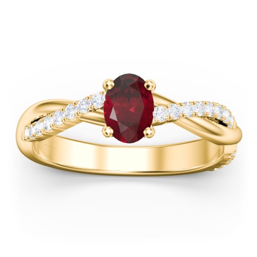 Twisted Infinity Engagement Ring with Side Stones – 10K Yellow Gold with 07RUBY-OV-0.50 and Lab Diamond