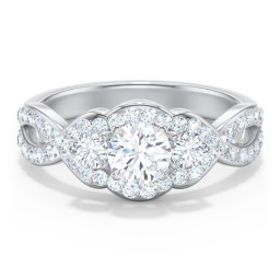 Halo 3-Stone Diamond Engagement Ring with Accented Twisted Band