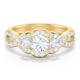 Halo 3-Stone Diamond Engagement Ring with Accented Twisted Band