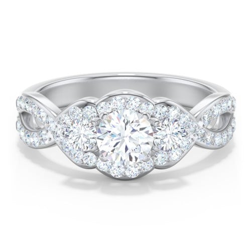 Halo 3-Stone Diamond Engagement Ring with Accented Twisted Band