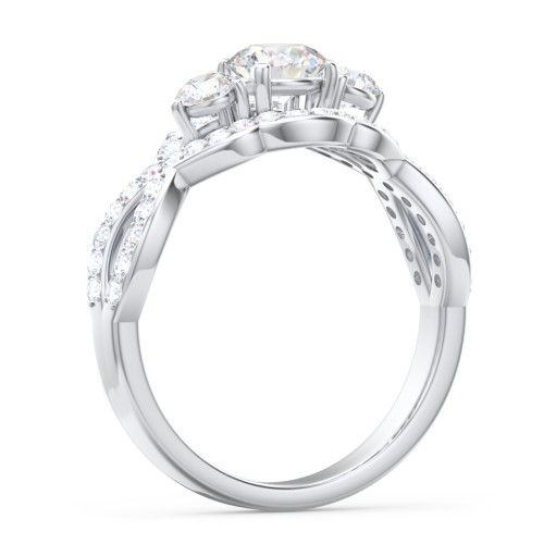 Halo 3-Stone Diamond Engagement Ring with Accented Twisted Band – 14K White Gold with Lab Diamond