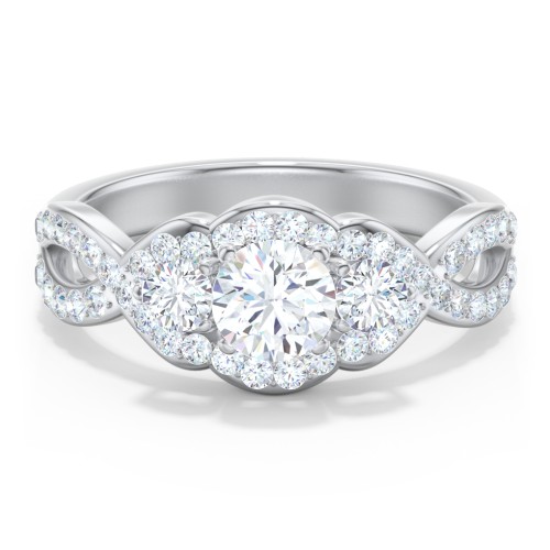 Halo 3-Stone Diamond Engagement Ring with Accented Twisted Band – 14K White Gold with Lab Diamond
