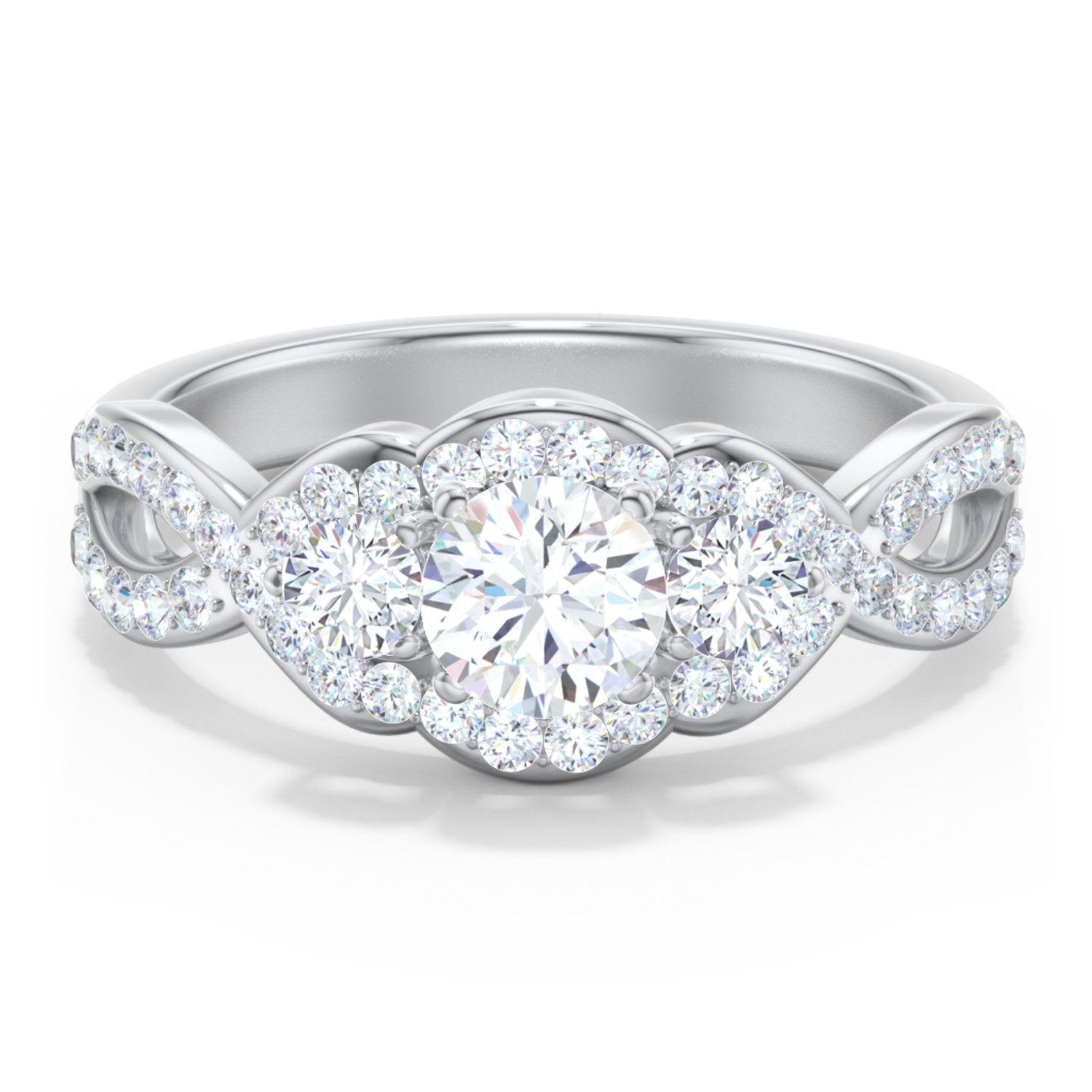 Personalized Halo 3-Stone Diamond Engagement Ring with Accented Twisted Band