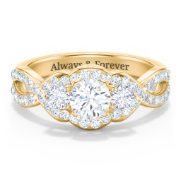 Halo 3-Stone Diamond Engagement Ring with Accented Twisted Band in 10K Solid Yellow Gold