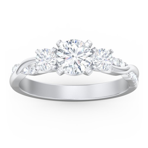 3-Stone Diamond Engagement Ring with Twisted Band and Accents – 14K White Gold with Lab Diamond