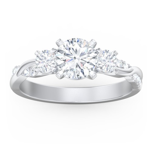 3-Stone Diamond Engagement Ring with Twisted Band and Accents – 14K White Gold with Lab Diamond