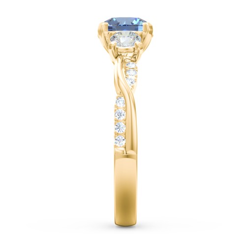 3-Stone Diamond Engagement Ring with Twisted Band and Accents – 10K Yellow Gold with IceBlueSapp-RD-1.00 and Lab Diamond