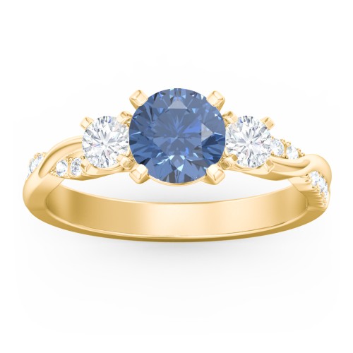 3-Stone Diamond Engagement Ring with Twisted Band and Accents – 10K Yellow Gold with IceBlueSapp-RD-1.00 and Lab Diamond