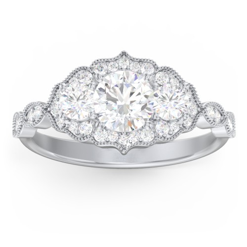 Vintage 3 Stone Engagement Ring with Accents – 14K White Gold with Diamond