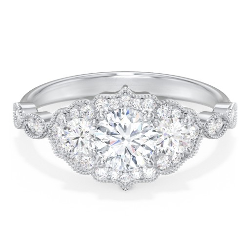 Vintage 3 Stone Engagement Ring with Accents – 14K White Gold with Diamond
