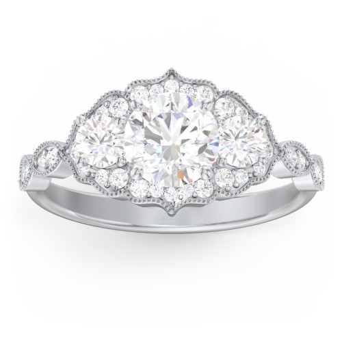 Vintage 3 Stone Engagement Ring with Accents – 14K White Gold with Diamond