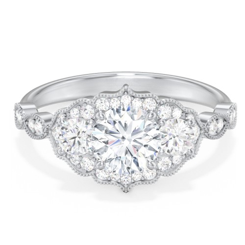 Vintage 3 Stone Engagement Ring with Accents – 14K White Gold with Diamond