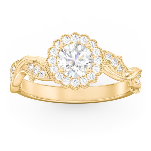 Leaf & Vine Halo Solitaire Engagement Ring