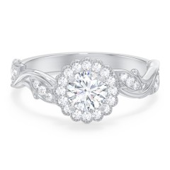 Leaf & Vine Halo Solitaire Engagement Ring – 14K White Gold with Diamond