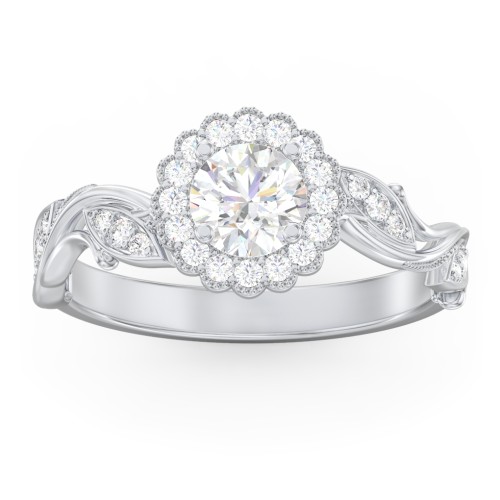Leaf & Vine Halo Solitaire Engagement Ring – 14K White Gold with Diamond